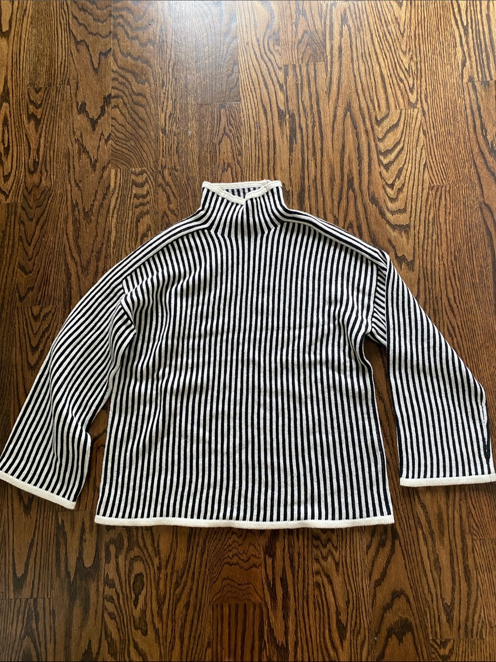 Striped Black & White Turtleneck Sweater - Classic Rib Knit